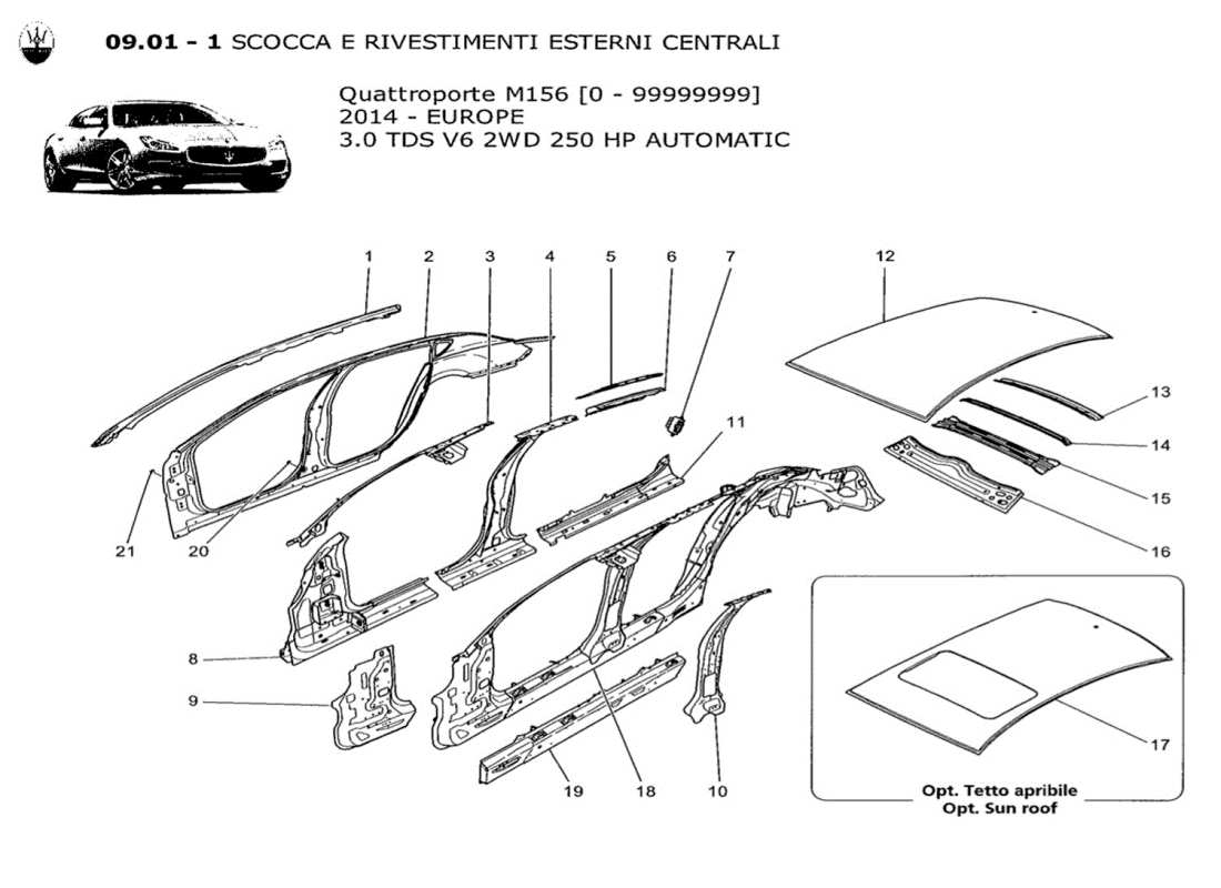 maserati qtp. v6 3.0 tds 250bhp 2014 diagrama de piezas de carrocería y paneles exteriores centrales