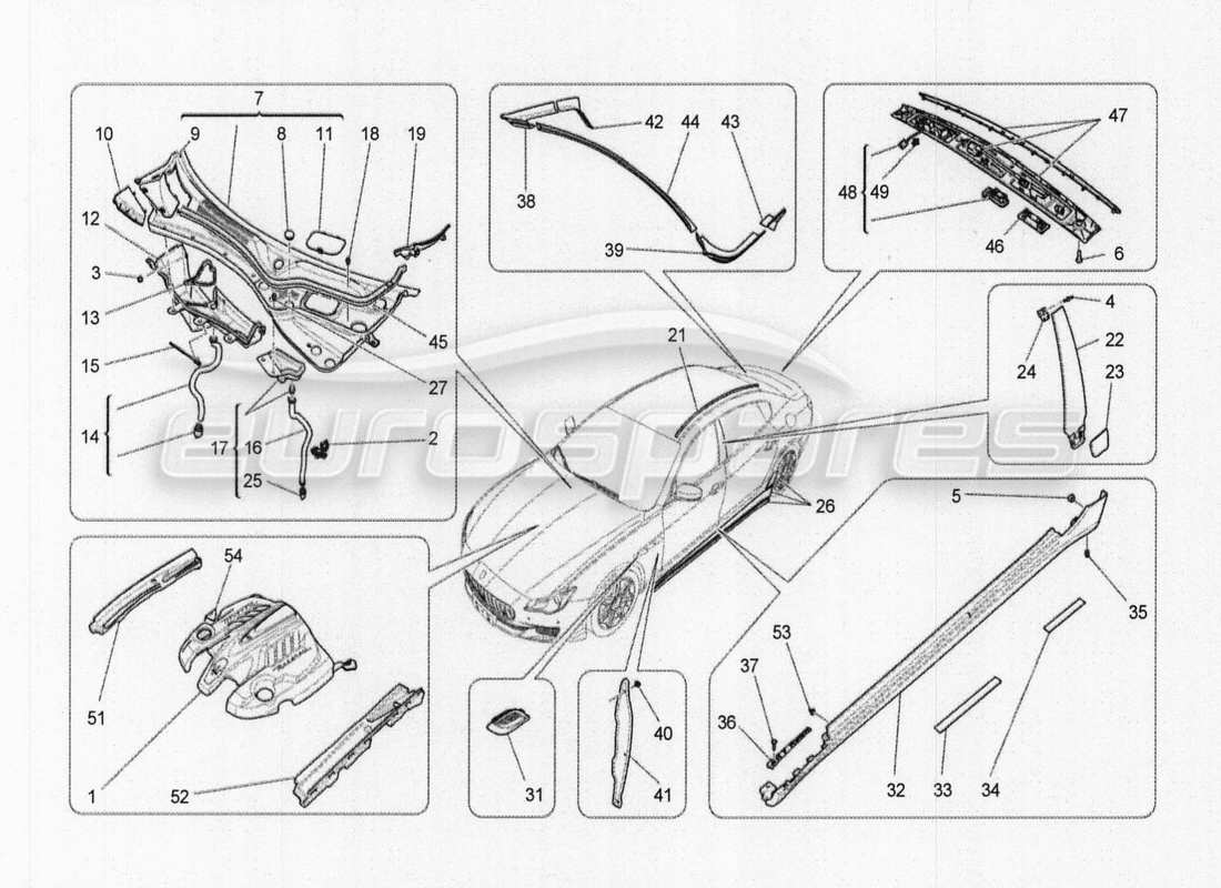 maserati qtp. v8 3.8 530bhp auto 2015 diagrama de piezas de escudos, molduras y paneles de cobertura