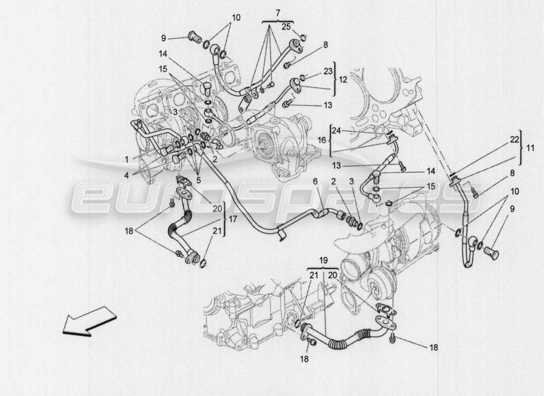 maserati qtp. v8 3.8 530bhp auto 2015 sistema de turbocargación: lubricación y enfriamiento diagrama de piezas