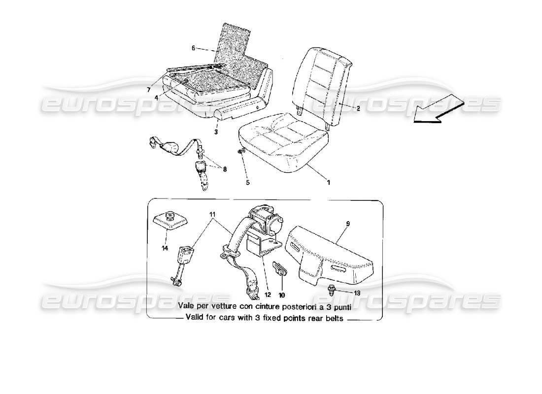 ferrari mondial 3.4 t coupe/cabrio asientos y cinturones de seguridad traseros - diagrama de piezas cabriolet
