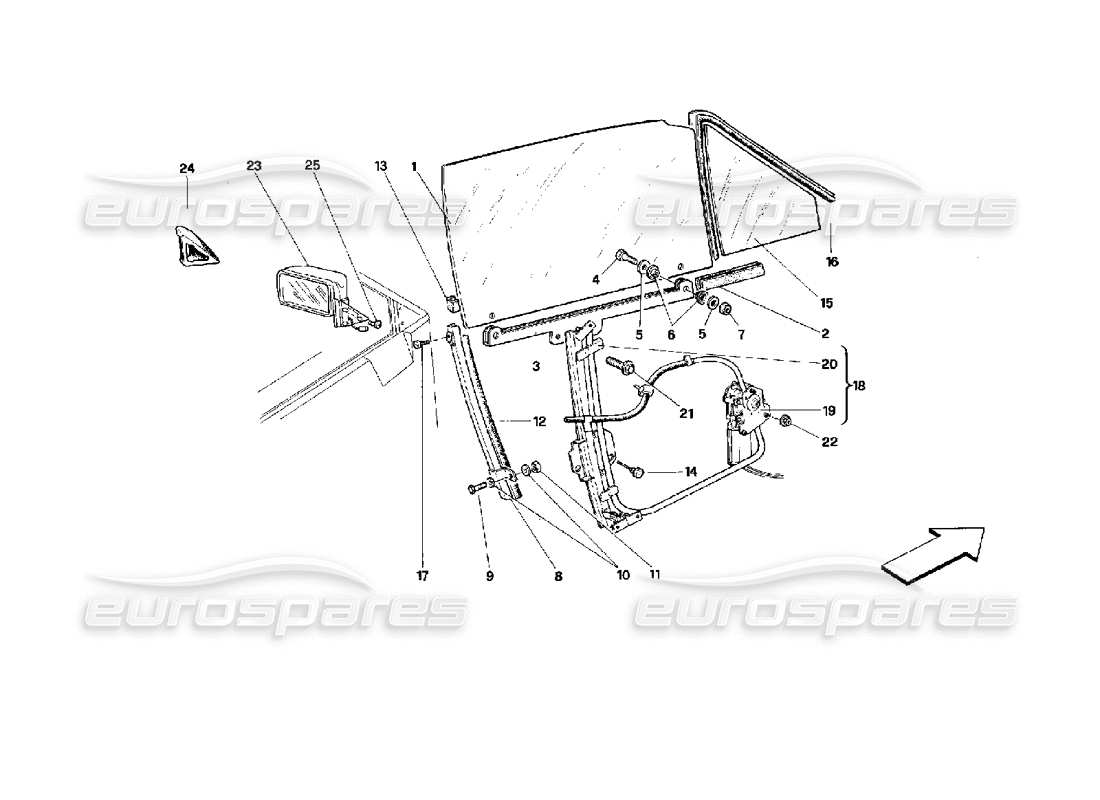 ferrari mondial 3.4 t coupe/cabrio puertas - cabriolet - diagrama de piezas del dispositivo de elevación de vidrios y espejo retrovisor