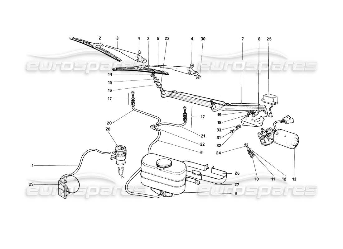 ferrari 308 (1981) gtbi/gtsi diagrama de piezas del limpiaparabrisas, arandela y bocina