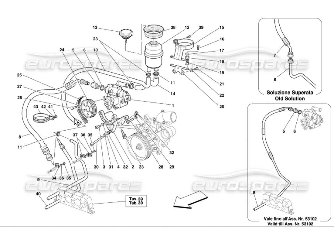 ferrari 360 modena diagrama de piezas del tanque y la bomba de dirección hidráulica