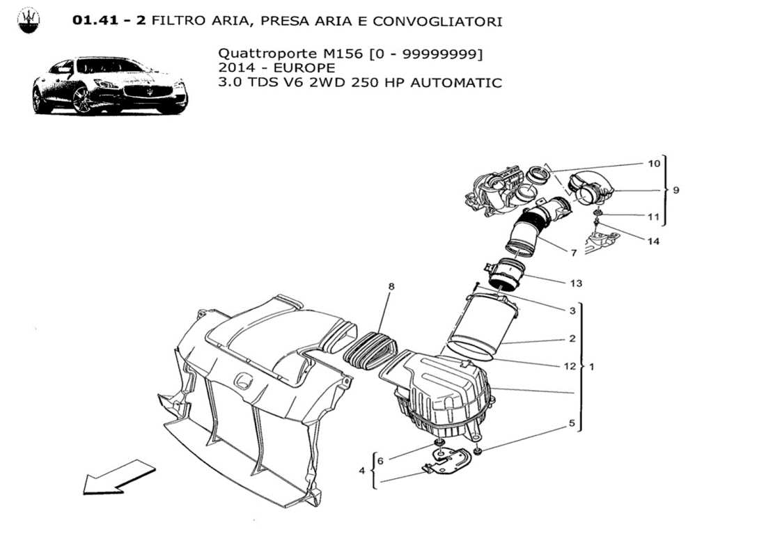 maserati qtp. v6 3.0 tds 250bhp 2014 filtro de aire. toma de aire y conductos diagrama de piezas