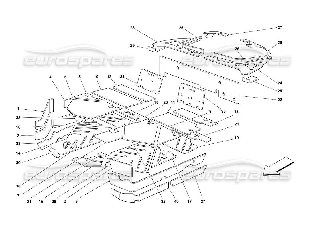 ferrari 355 (5.2 motronic) diagrama de piezas de aislamientos del compartimento de pasajeros
