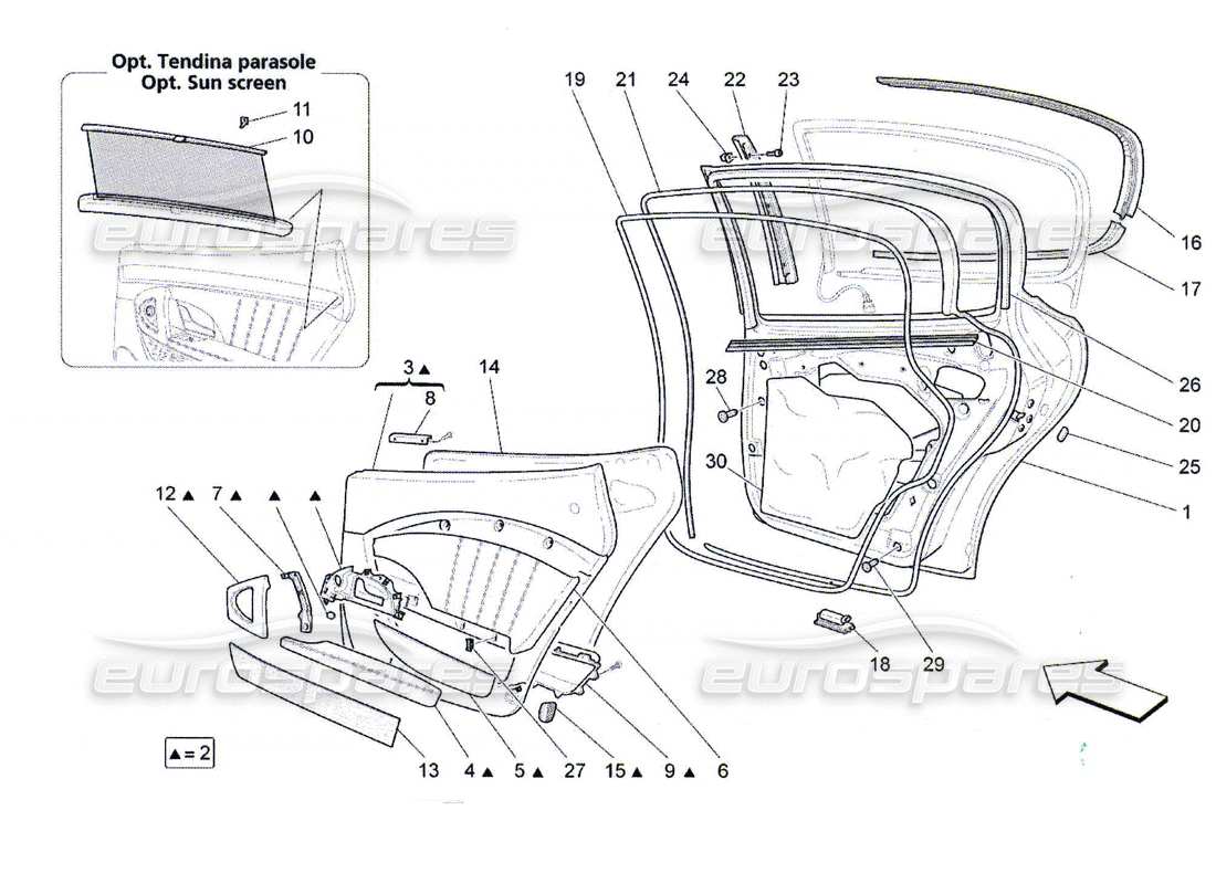 maserati qtp. (2010) 4.7 puertas traseras: diagrama de piezas de los paneles embellecedores