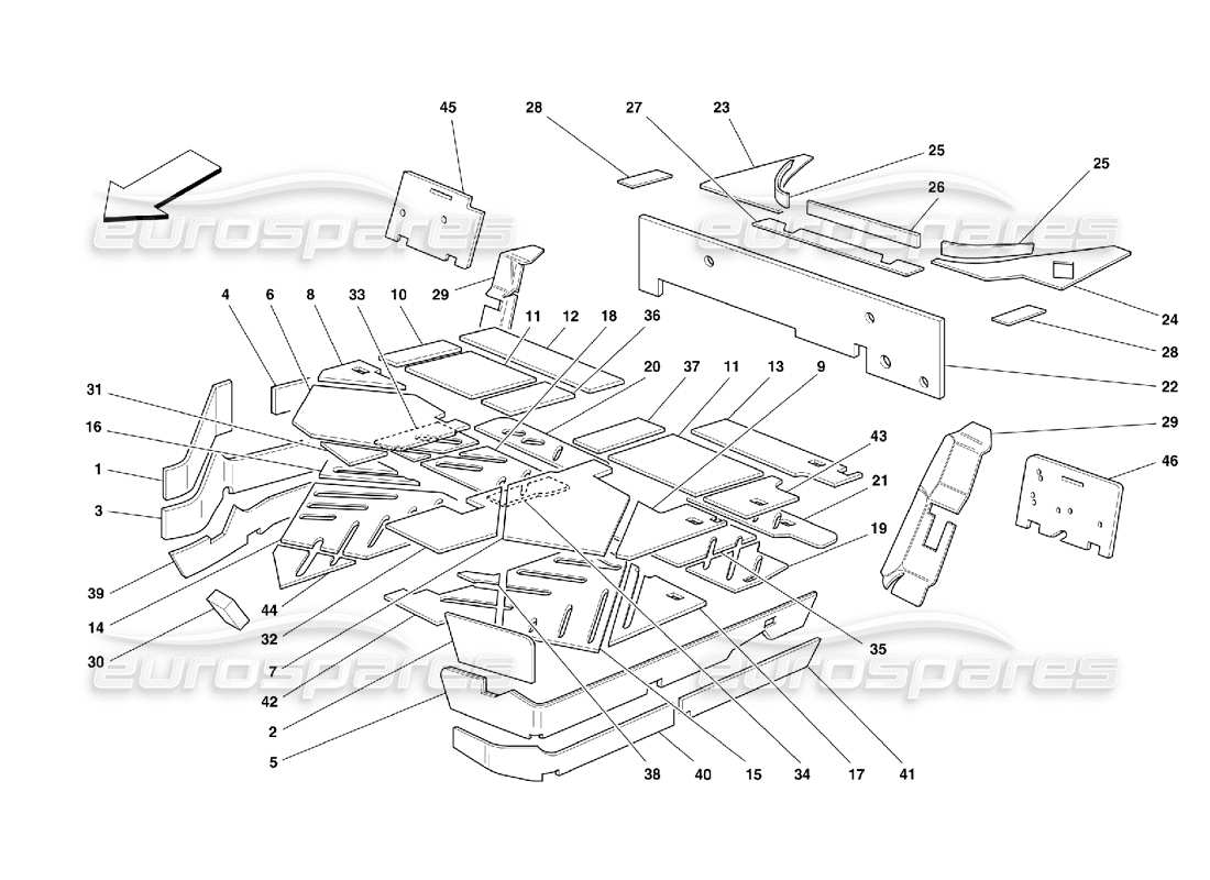 ferrari 355 (5.2 motronic) aislamientos del habitáculo diagrama de piezas