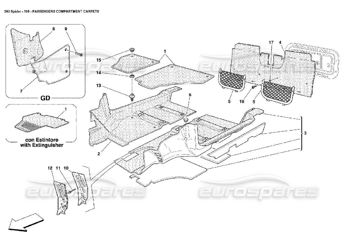 ferrari 360 spider diagrama de piezas de las alfombras del compartimento de pasajeros