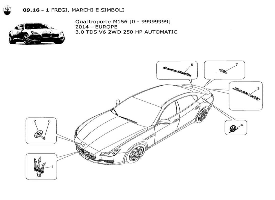 maserati qtp. v6 3.0 tds 250bhp 2014 adornos. marcas y símbolos diagrama de piezas