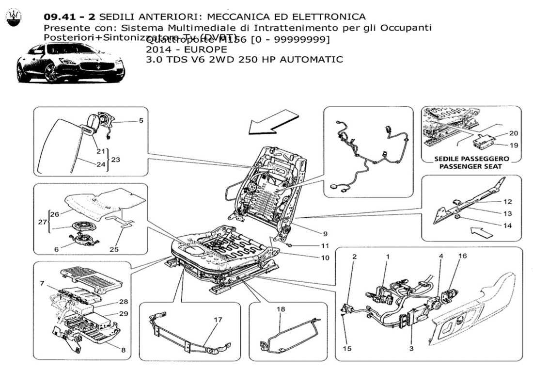 maserati qtp. v6 3.0 tds 250bhp 2014 asientos delanteros: diagrama de piezas de mecánica y electrónica
