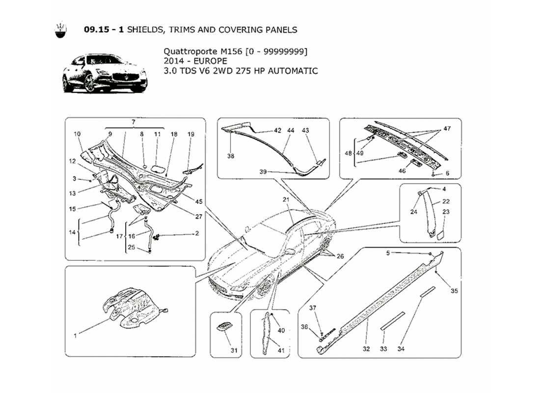 maserati qtp. v6 3.0 tds 275bhp 2014 diagrama de piezas de escudos, molduras y paneles de cobertura