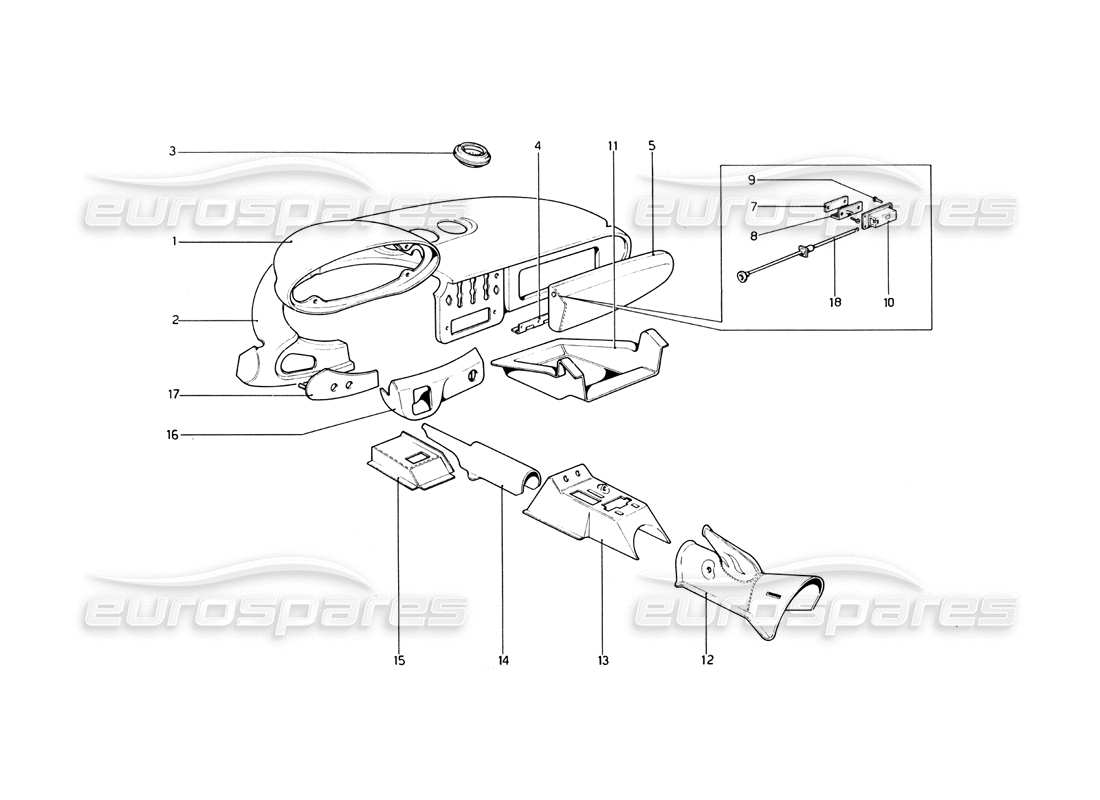 ferrari 246 dino (1975) diagrama de piezas de adornos interiores y tablero