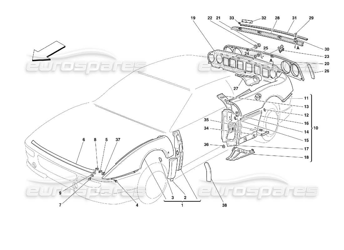 ferrari 355 (2.7 motronic) carrocería - diagrama de piezas de adornos exteriores