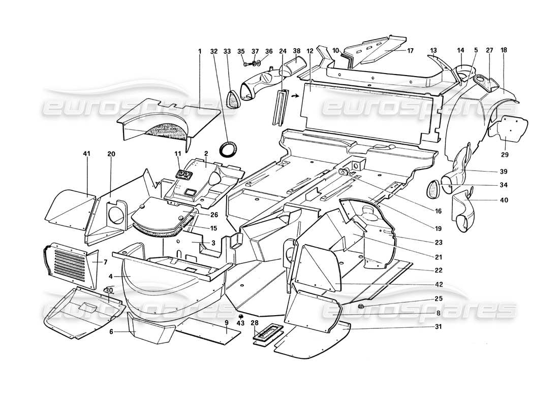 ferrari 328 (1985) carrocería - diagrama de piezas de elementos interiores