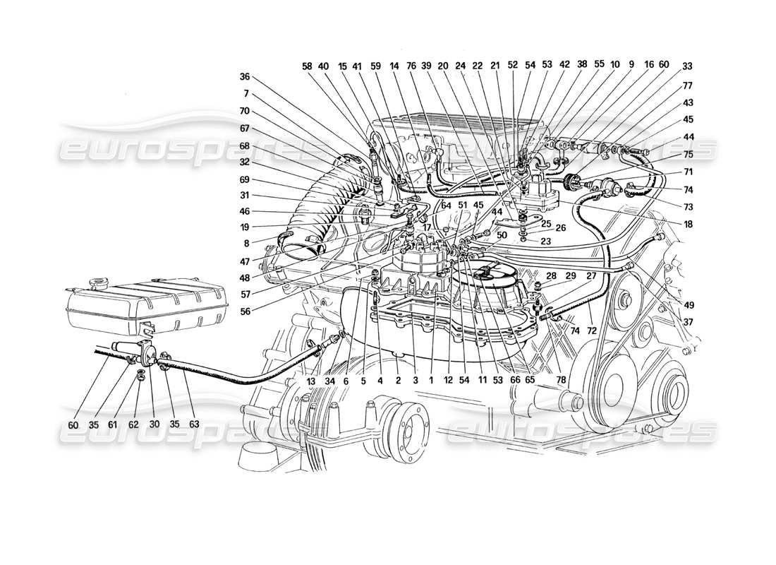 ferrari 328 (1985) diagrama de piezas de líneas de distribuidores de combustible (no para la versión de ee. uu.)