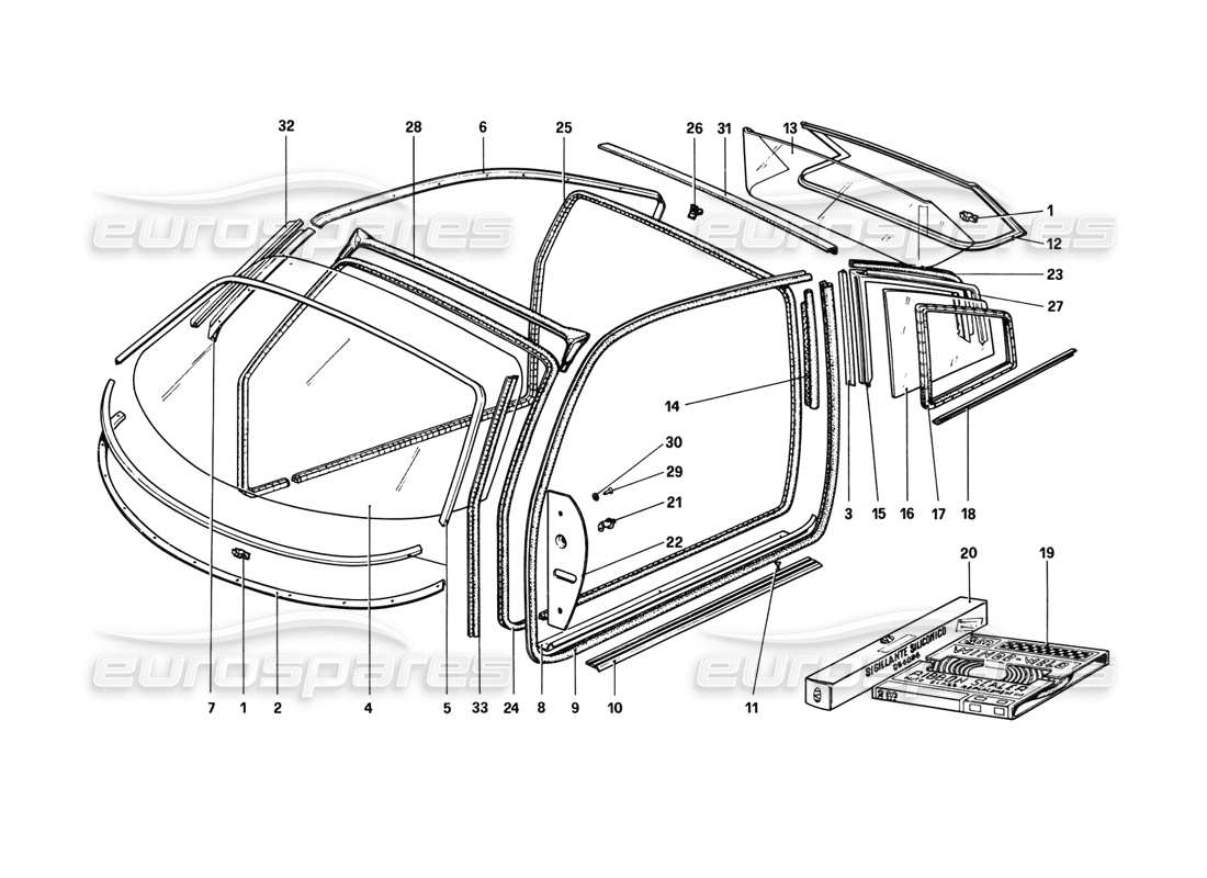 ferrari 308 gtb (1980) diagrama de piezas de gafas (variantes para rhd - versiones aus)