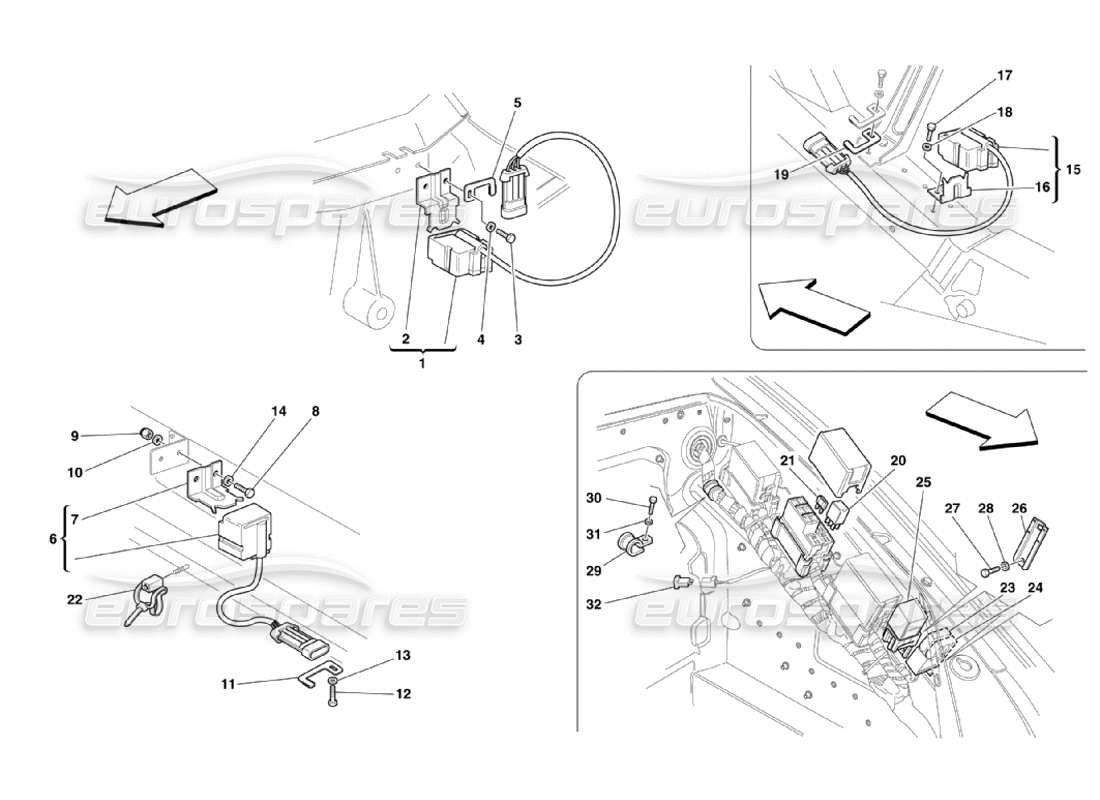 ferrari 360 challenge stradale diagrama de piezas de sensores y tableros eléctricos de los compartimentos frontal y del motor