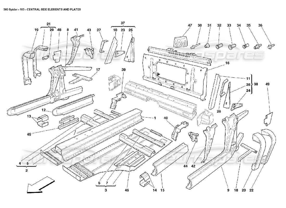 ferrari 360 spider diagrama de piezas de placas y elementos laterales centrales