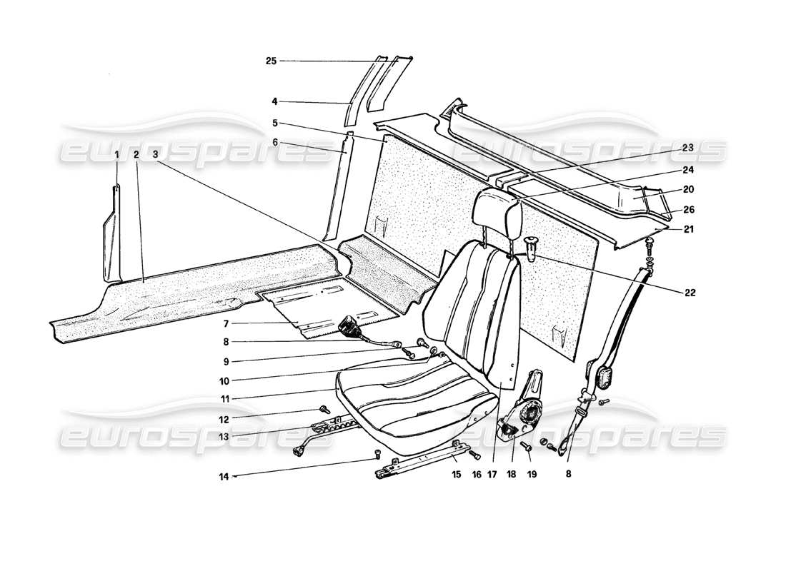 ferrari 308 gtb (1980) diagrama de piezas de molduras interiores, accesorios y asientos