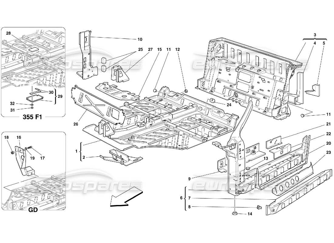 ferrari 355 (5.2 motronic) diagrama de piezas de estructuras de la parte central