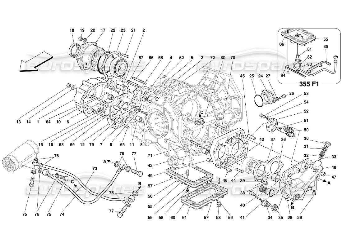 ferrari 355 (5.2 motronic) tapas de cajas de cambios y lubricación diagrama de piezas