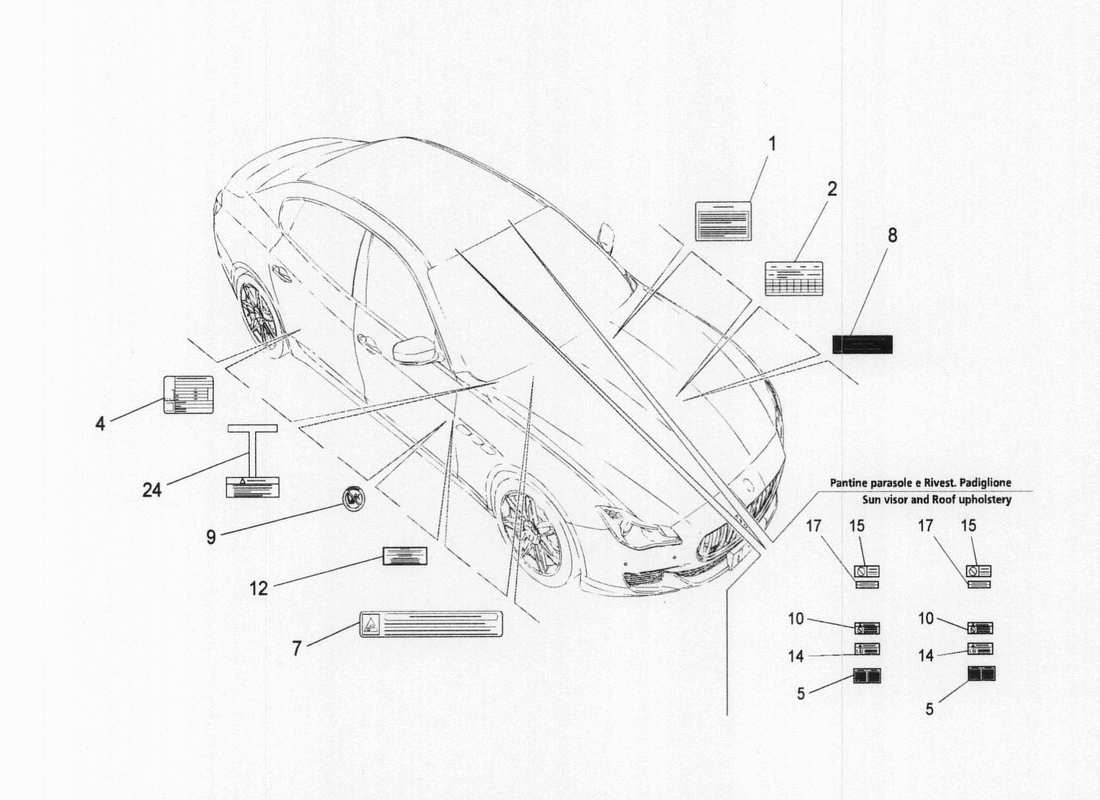 maserati qtp. v6 3.0 bt 410bhp 2wd 2017 diagrama de piezas de pegatinas y etiquetas