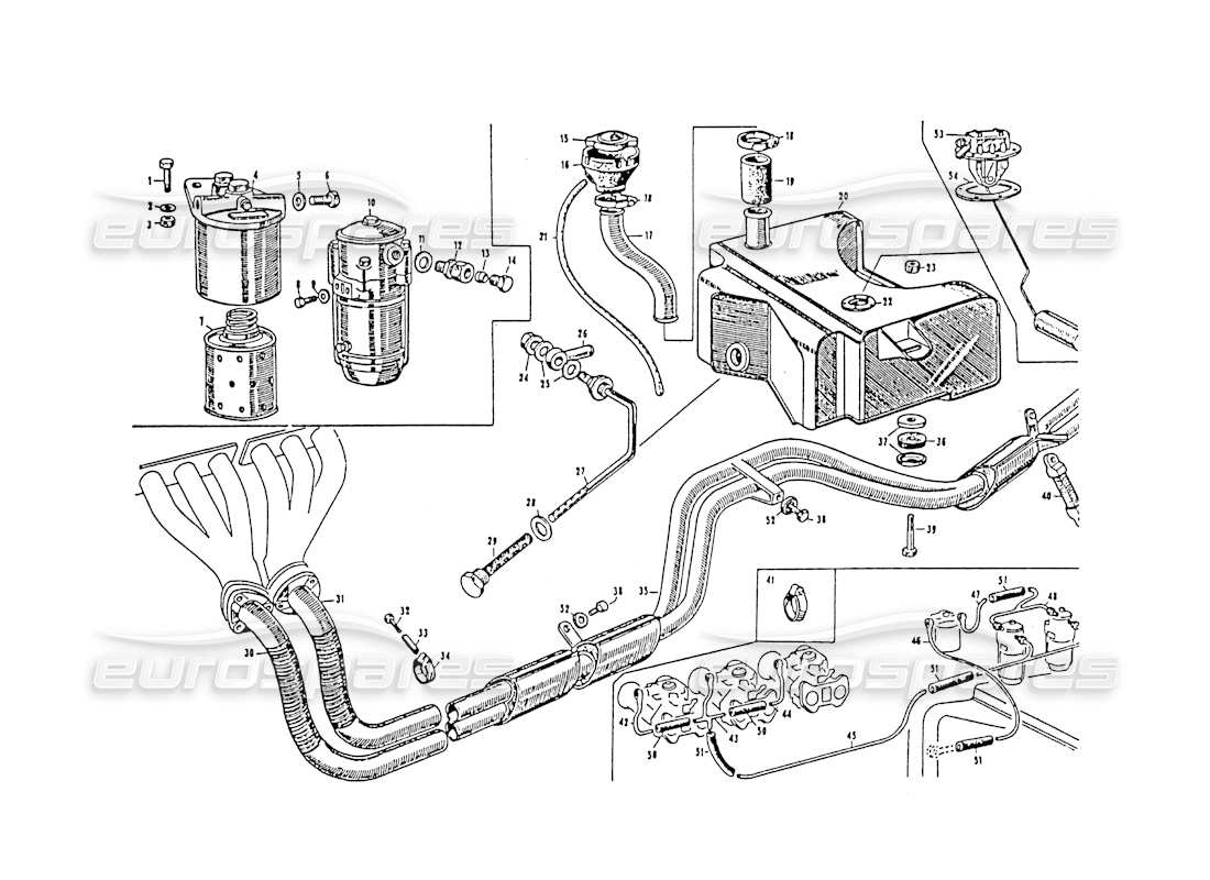 maserati 3500 gt colector de escape y tienda de combustible diagrama de piezas