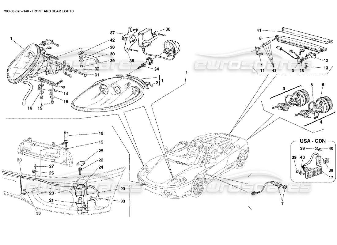 ferrari 360 spider diagrama de piezas de las luces delanteras y traseras