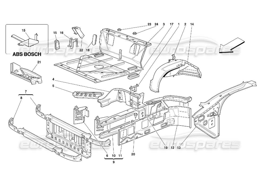 ferrari 355 (5.2 motronic) diagrama de piezas de estructuras de la parte frontal