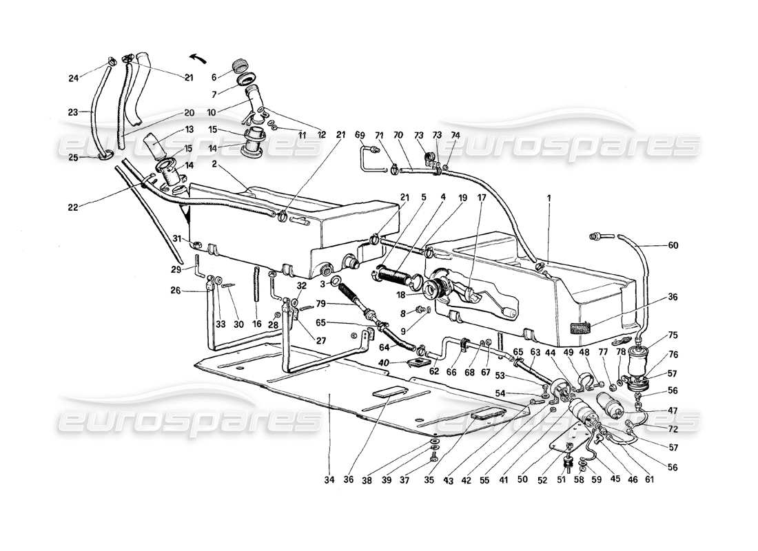 ferrari mondial 8 (1981) diagrama de piezas de la bomba de combustible y las tuberías