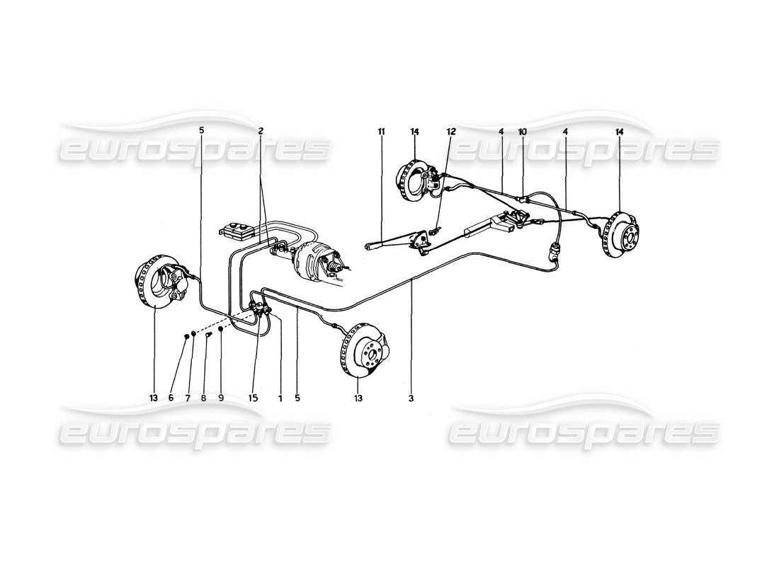 ferrari 246 dino (1975) diagrama de piezas del sistema hidráulico de frenos sobre ruedas (variantes para versiones de ee. uu.)