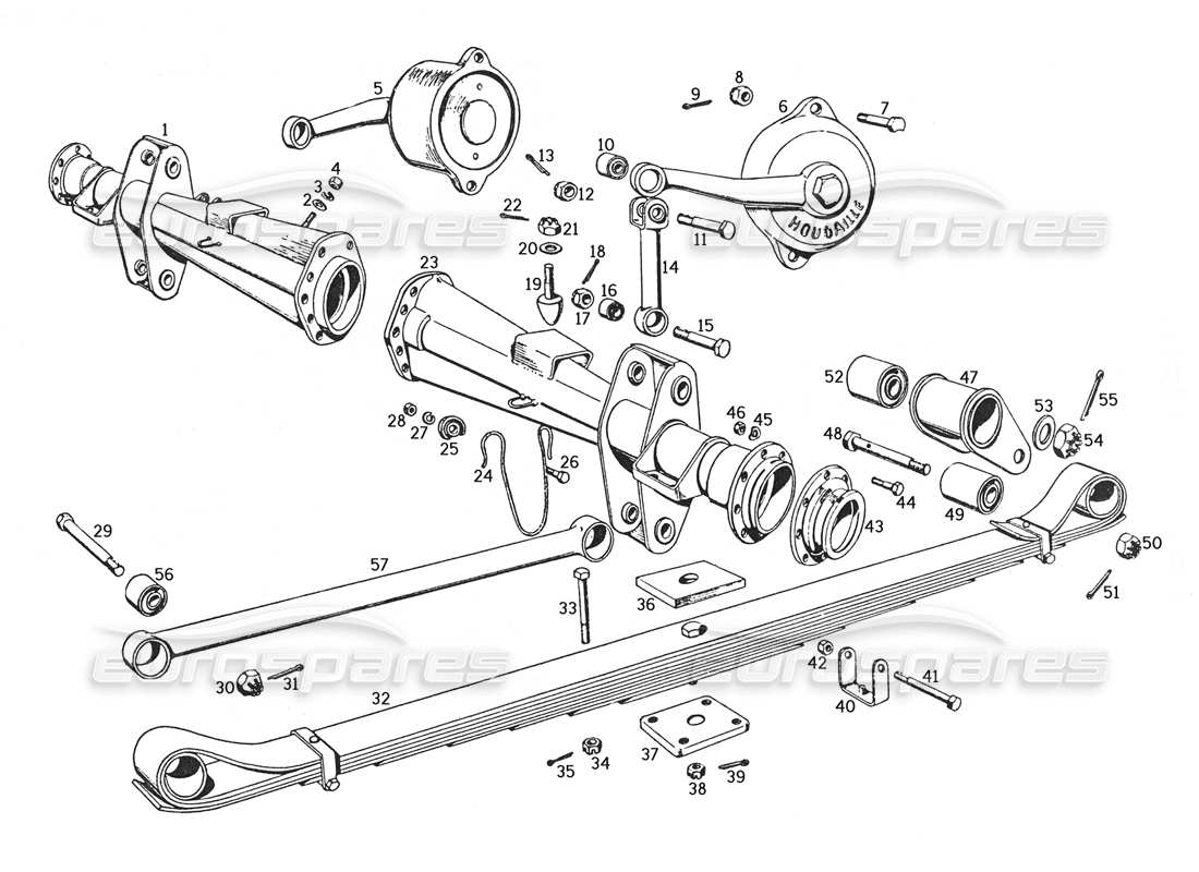 ferrari 250 gte (1957) brazos de eje y suspensión trasera diagrama de piezas