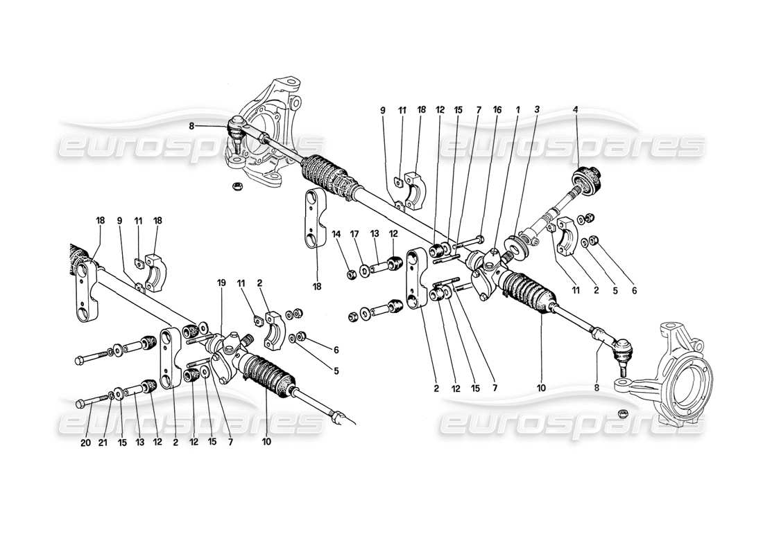 ferrari 208 turbo (1989) caja de dirección y varillaje diagrama de piezas