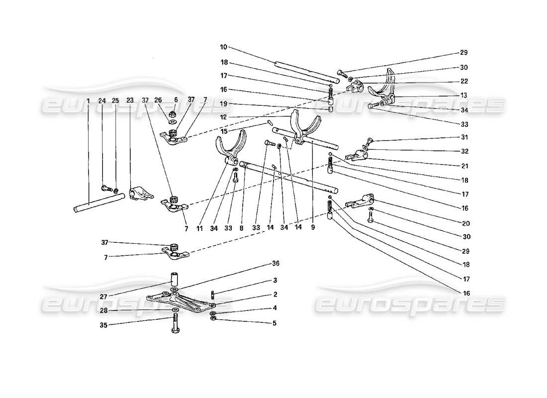 ferrari 208 turbo (1989) controles internos de la caja de cambios diagrama de piezas