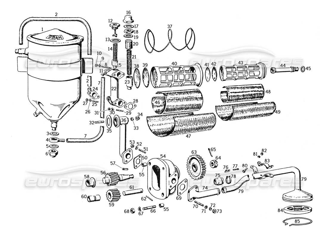 ferrari 250 gte (1957) diagrama de piezas del aparato de filtrado y circulación de aceite