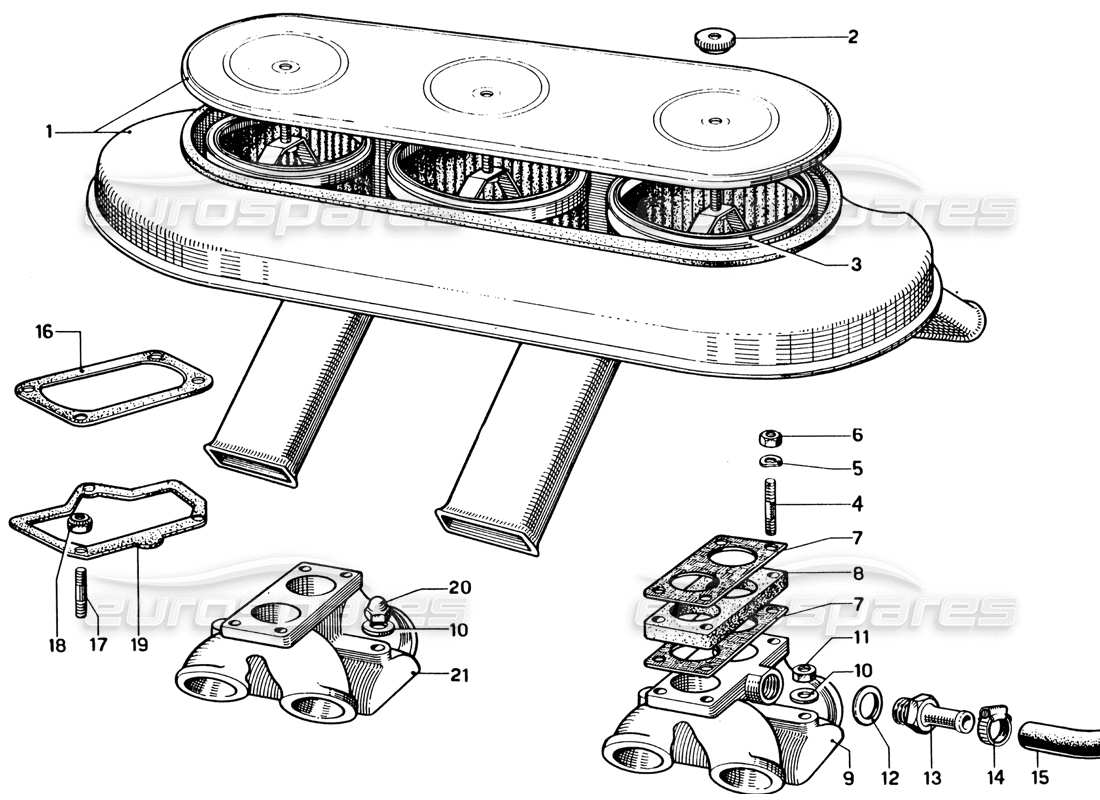 ferrari 330 gtc coupe diagrama de piezas del filtro de aire y colectores