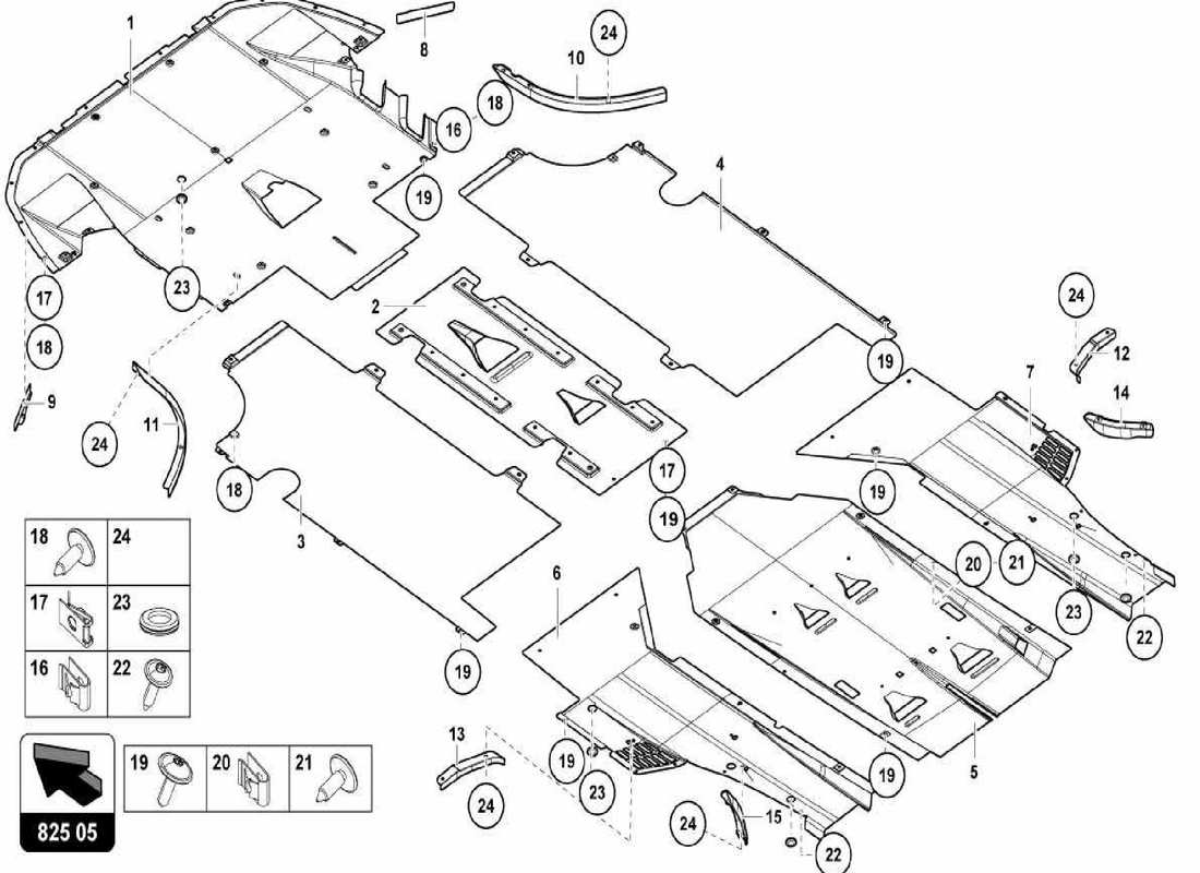lamborghini centenario spider paneles de piso con estructura: diagrama de piezas de moldura de la sección inferior