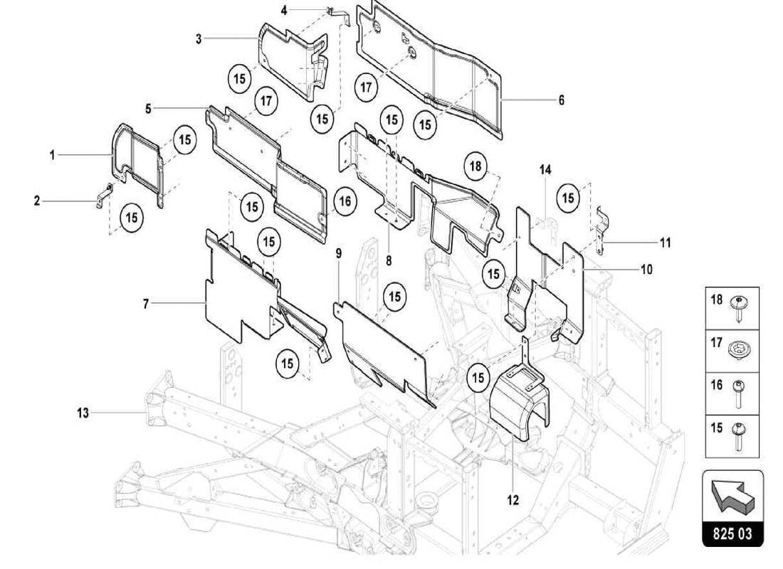 lamborghini centenario spider paneles de piso con estructura: diagrama de piezas del escudo térmico