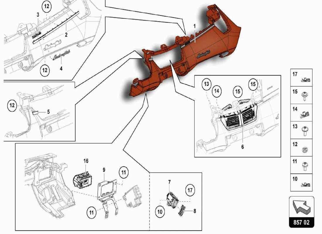 lamborghini centenario spider diagrama de piezas del panel de instrumentos