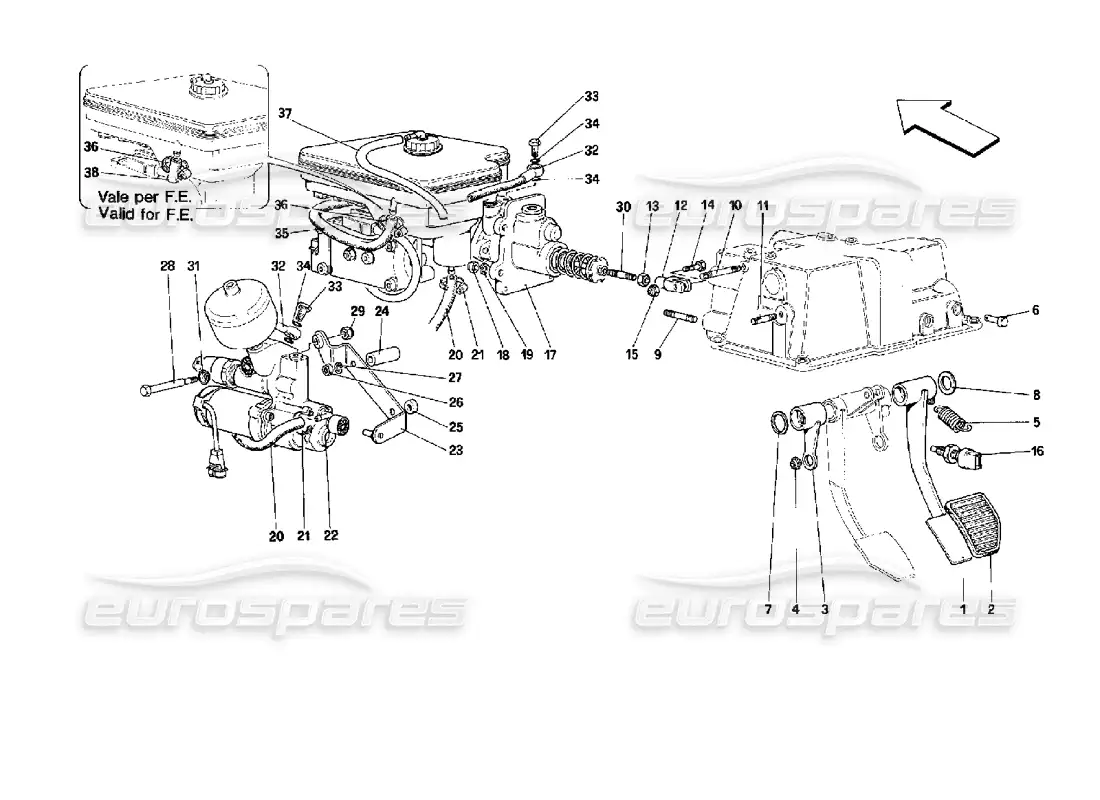 ferrari mondial 3.4 t coupe/cabrio sistema hidráulico de frenos - válido para gs diagrama de piezas