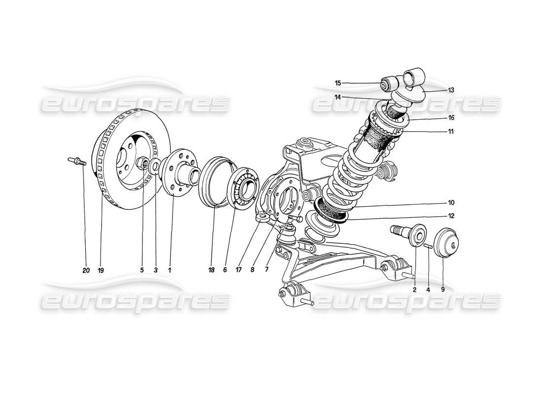 ferrari 208 turbo (1989) suspensión delantera: diagrama de piezas de amortiguador y disco de freno (hasta el n.° de automóvil 76625)