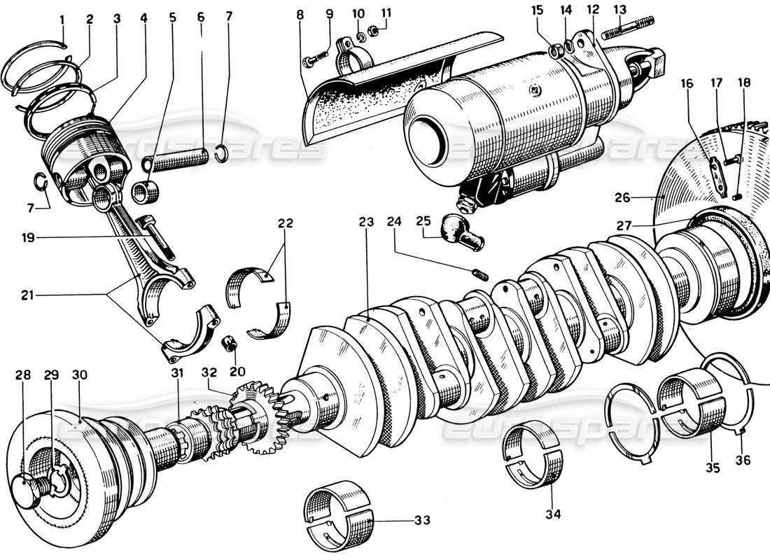 ferrari 330 gtc coupe diagrama de piezas del cigüeñal, bielas y pistones