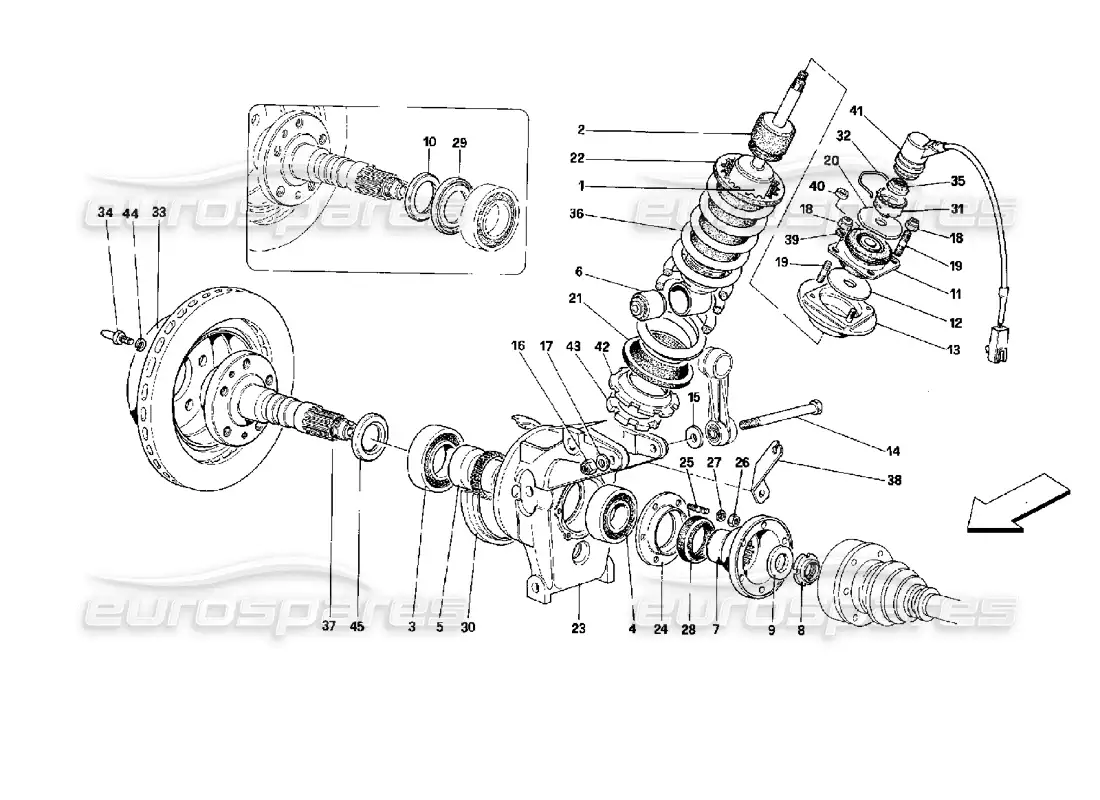 ferrari mondial 3.4 t coupe/cabrio suspensión trasera - amortiguador y disco de freno diagrama de piezas