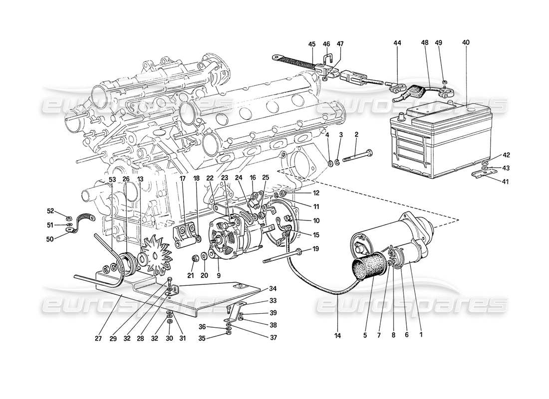 ferrari 208 turbo (1989) sistema de generación eléctrica diagrama de piezas