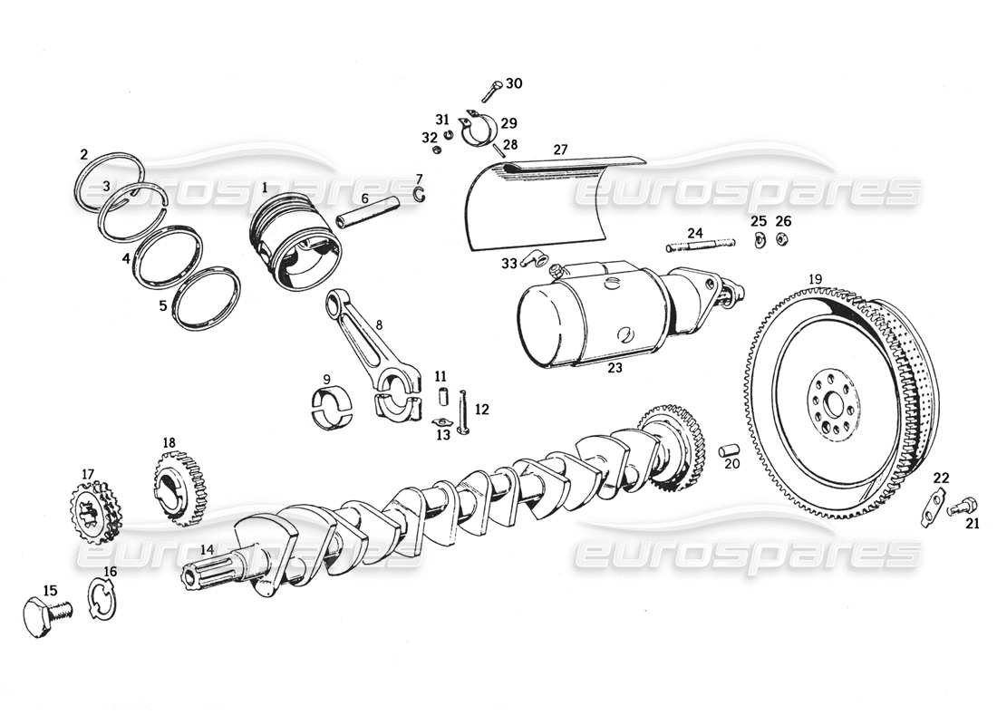 ferrari 250 gte (1957) diagrama de piezas del mecanismo de manivela, volante y motor de arranque