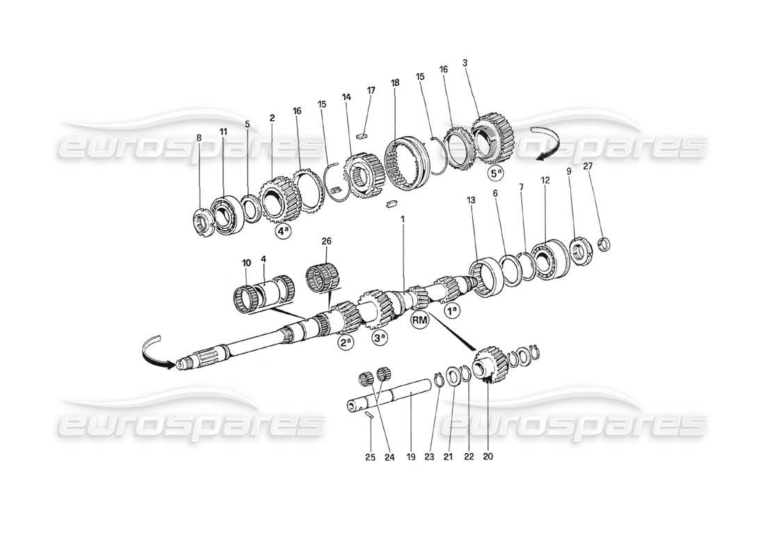 ferrari 208 turbo (1989) engranajes del eje principal diagrama de piezas