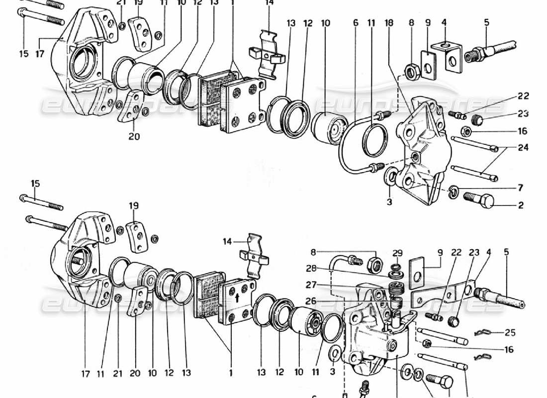 ferrari 308 gtb (1976) pinzas para frenos delanteros y traseros diagrama de piezas