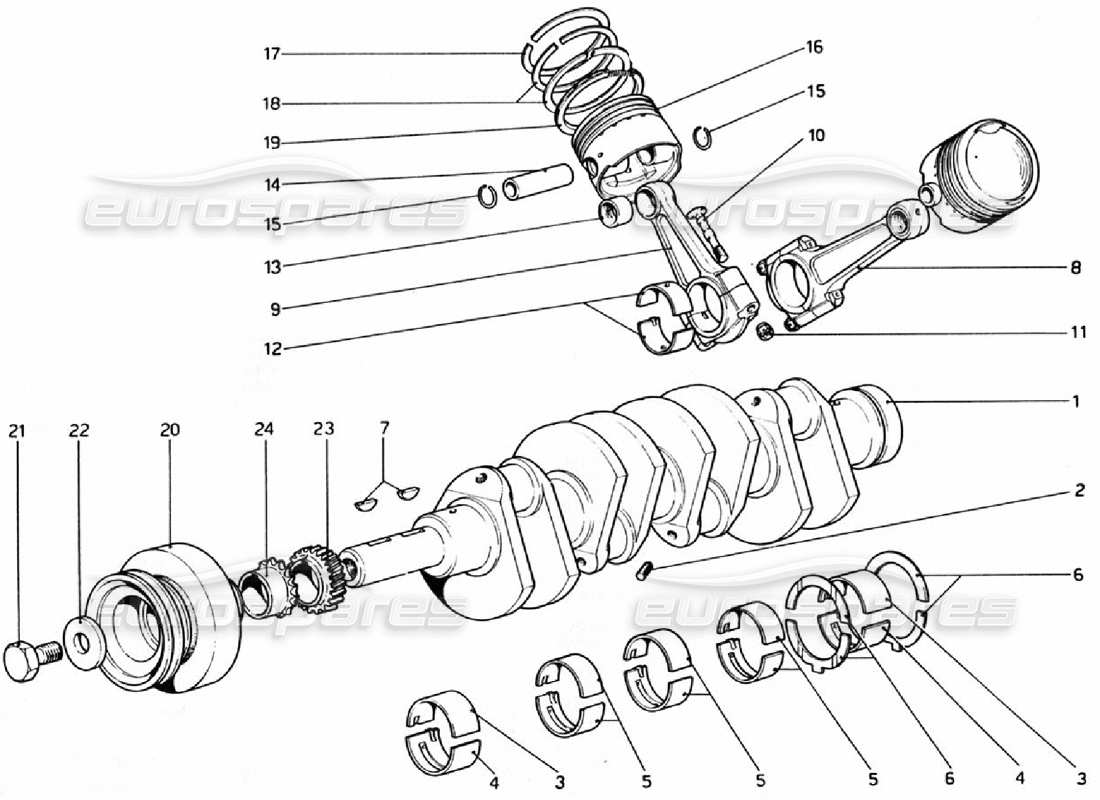 ferrari 308 gtb (1976) cigüeñal - bielas y pistones diagrama de piezas