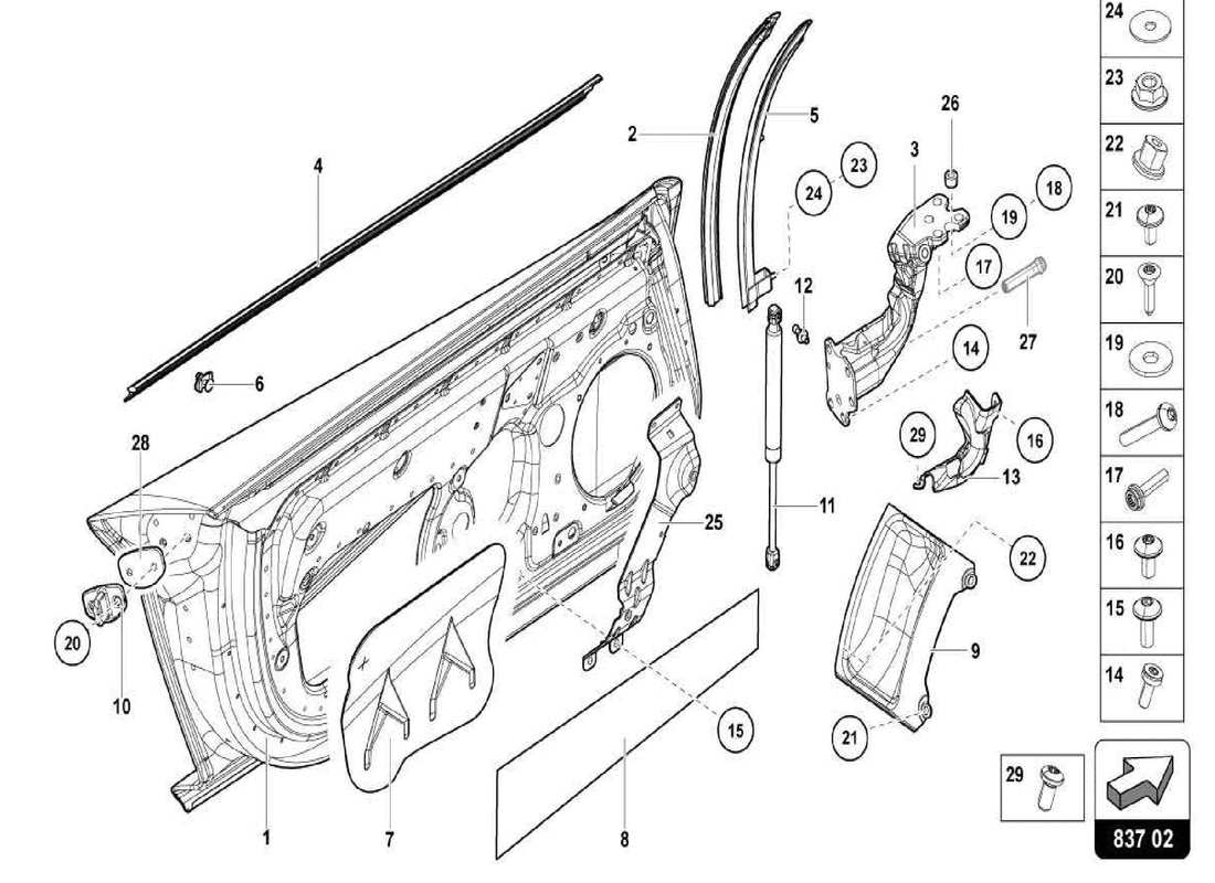 lamborghini centenario spider diagrama de piezas de la puerta del conductor y del pasajero