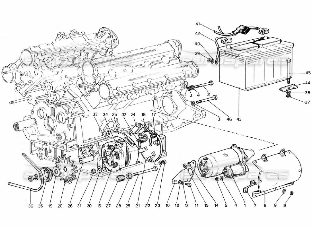 ferrari 308 gtb (1976) sistema de generación eléctrica diagrama de piezas
